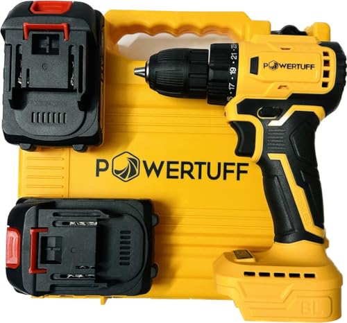 Image of POWERTUFF Brushless 21V Cordless Drill with 2 Batteries, 2 Variable Speed, Fast Charger, 3 /8'' Keyless Chuck And (2.Ah) 2 Lithium Power Batteries