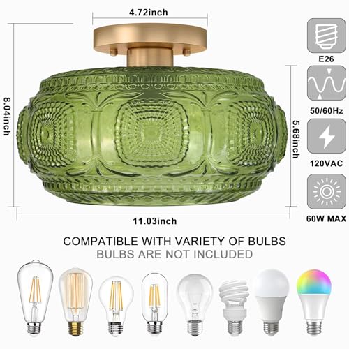 Image of 11 inch Art Deco Glass Semi Flush Mount Ceiling Light Fixture, Green