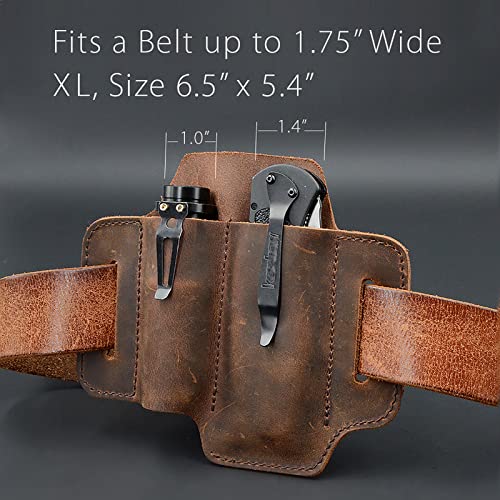 Xl Edc Leather Belt Sheath Organizer For 4.5" - 5" Folded Knives Tactical Flashlights Tools, Edc Pocket Organizer Pouch For Regular Edc Knife, Edc Leather Sheath Holster. Chestnut. #TOP3