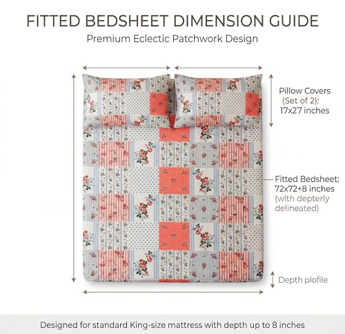 Image of VAS COLLECTIONS Cloud Cotton Corner Elastic Fitted Double Bedsheet Set (78 x 72 + 8 Inches) with 2 Pillow Covers | 160-180 TC Soft Breathable Cotton Fitted Sheet | Bed Sheet (Pastel Patchwork)