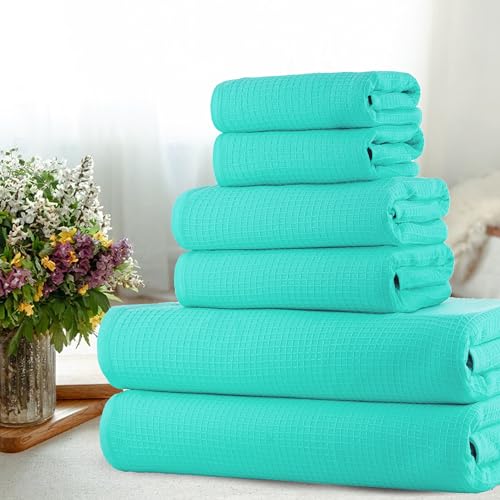 Image of Casa Copenhagen, Egyptian Cotton - Waffle Terry Towel 6 Piece Set, Includes 2 Bath Towels 2 Hand Towels 2 Washcloths - Aqua Blue