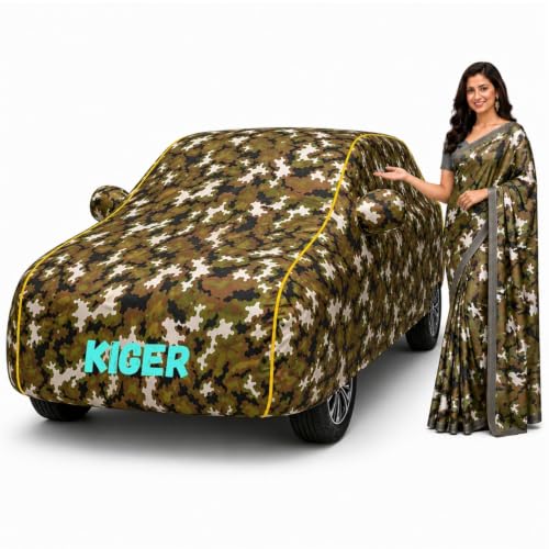 Image of Waterproof Car Body Cover for Kiger All Weather Protection Comes with Inner Cotton Lining & Triple Stitched with Mirror & Antenna Pocket Belt & Elastic Fit Army with Yellow Piping
