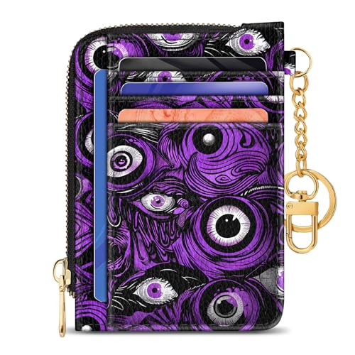 Image of GIANCOMICS Slim Wallet Credit Card Holder Women, Evil Eye Rfid Blocking Small Card Case, Keychain Thin Pocket Curved Zipper Wallet, Travel Card Holder PU Leather ID Window, Ladies Female Gifts