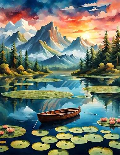 Jiian 5D Diamond Painting Barco con piscina de loto,DIY Pintura Diamante para Adultos Niños,Bordado Diamond Painting Kit Completo Manualidades para Hogar Pared Decoración Regalo Round Drill,40x50cm