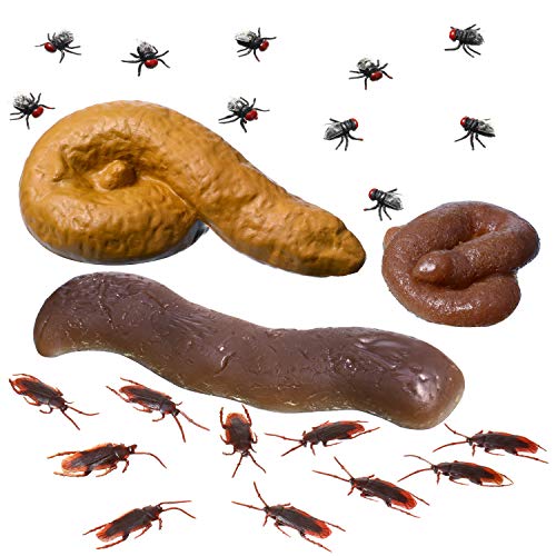 3 Pieces of Novelty Fake Poop Toys with 10 Pieces Roach and 10 Piece Fly, Fake Poop Floats on Water, Gag Gift, Prank Gift, 3 Realistic Poop Designs, Fake Turd for Laughs