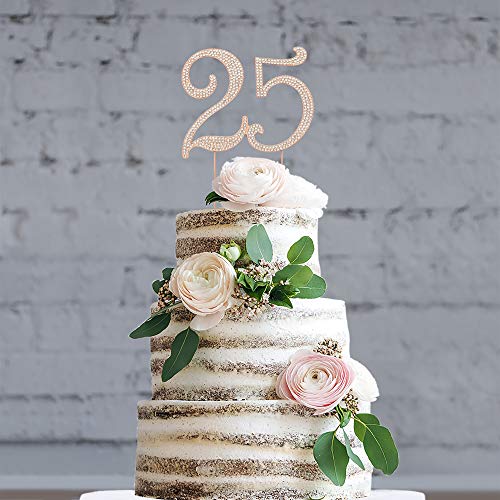 25 Cake Topper - Premium Rose Gold Metal - 25Th Birthday Or Anniversary Party Sparkly Rhinestone Decoration Makes A Great Centerpiece - Now Protected In A Box #TOP2