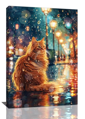 Quorin Cat Wall Art Street Cat Pictures Wall Decor Rainy Night Canvas Print Painting Artwork for Bathroom Living Room Bedroom 16"x24"