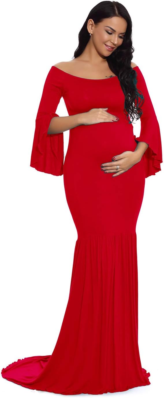 ZIUMUDY Maternity Retro Off Shoulder Flare Sleeves Mermaid Gown Maxi Photography Dress for Baby Shower - Image 4