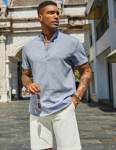 COOFANDY Men's Casual Linen Henley Shirts Short Sleeve Band Collar Summer Beach Vacation T-Shirts4