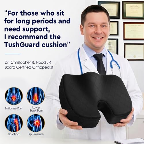 Image of TushGuard Office / Car Seat Cushion, Non-Slip Sciatica & Back Coccyx Tailbone Pain Relief Chair Pad, Memory Foam Butt Pillow for Computer Desk, Wheelchair, Driving (Black)