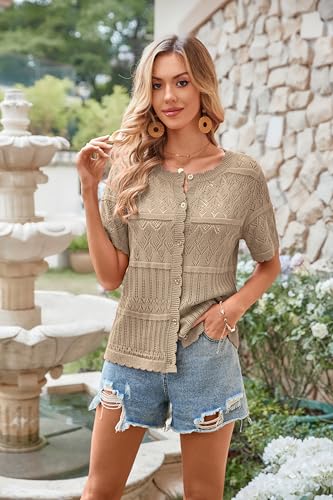 ECOWISH Summer Crochet Cardigans for Women: 2026 Lightweight Short Sleeve Crewneck Button Down Cropped Casual Sweater Tops 440 Khaki XL — view 2