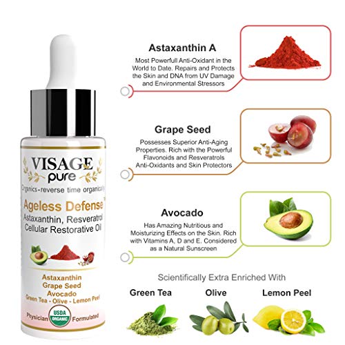 Visage Pure Ageless Defense -Cellular Restorative Astaxanthin Face Serum -by Visage Pure-Astaxanthin and Resveratrol Antiaging Serum. Protects the Skin From Aging-Organic-Physician Formulated-Research Supported