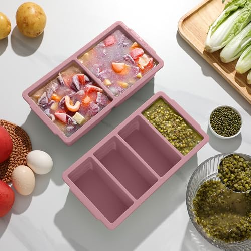 Image of Silicone Freezer Molds for Soup with Lid, 1-Cup & 2-Cup Large Ice Cube Trays Food Storage Containers for Meal Prep, Freeze 500mL /250mL /125mL Portions - 2 Pack