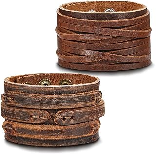 Thunaraz 2PCS Leather Cuff Bracelet Wrap Wristband Button Bangle for Men Women