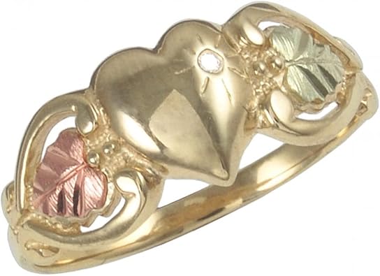 10k Yellow Gold Diamond Heart Ring with 12k Green and Rose Black Hills Gold Accent Leaf in a Jewelry Gift Box for Special Occasions