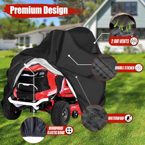 Riding Lawn Mower Cover, Universal Fits Decks up to 54\", 600D Heavy Duty Waterproof Lawn Tractor Cover, Outdoor Protection Against UV, Dust, Wind, Ride-on Mower Tractor Storage with Elastic Hem