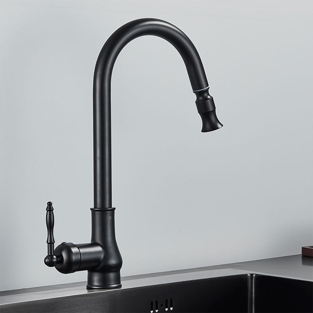 Wasserhahn Küche - Küchenarmatur Mit Brause Ausziehbar, Retro Antik Stil Messing Einhebel 360° Schwenkbar Spültischarmatur Mischbatterie, Hoher Auslauf Armatur Küche, Schwarz
