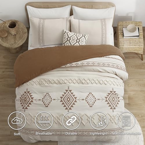 Image of Oli Anderson Boho Duvet Cover Set Queen Size, Beige and Terracotta Color Clash 3 Pieces Microfiber Bedding Set, Durable and Super Soft Duvet Covers with Zipper and Ties, 90 inch*90 inch