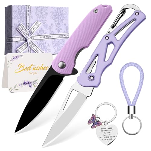 DRACHENADER 2-Piece Pocket Knife Set for Women Compact Cute Purple Pocket Knife Unique Gift Ideas for Birthday Valentines Christmas Thanksgiving Everyday Carry