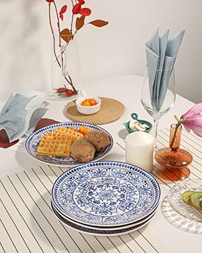 Sonemone 8.75 Inch Ceramic Salad Plates Set Of 4, Blue Marrakesh Tile Floral Round Plates, For Salad, Appetizer, Pasta, Pancakes, Steak Microwave & Dishwasher Safe #TOP4