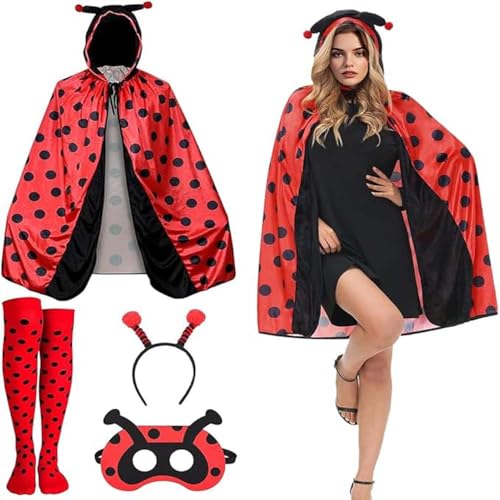 RIRIDAMAI Marienkäfer Umhang Damen,Marienkäfer Kostüm Erwachsene mit Accessoires,Marienkäfer Kleidung Cape Damen, Lady Bug Kostüm Für Karneval...