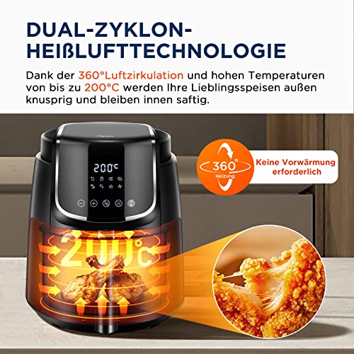 Midea MF-CN40C2 Heißluftfritteuse 4L, Ölfreie Airfryer 1500W, 8 Vorprogrammierte Kochmodi, 35-200℃, Backen, Braten, Grillen, Auftauen, Schüttelalarm, 60-Minuten Timer, 41 Rezepten, Spülmaschinenfest – Bild 5