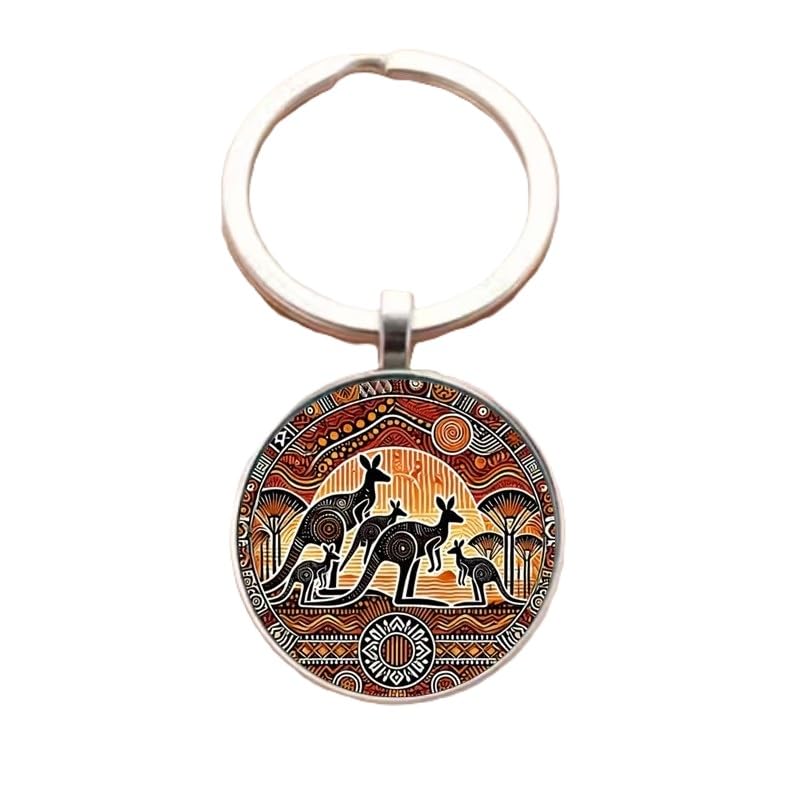 4Trails Australian Kangaroo Family Keychain Vintage Retro Style Aboriginal Art Design Round Pendant Keyring