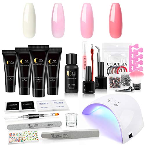 Poly Extension Gel Nail Kit 4Pcs Nail Builder Gel with 36W LED Nail Lamp Nail Enhancement Kit Professional Nail Technician Top Base Coat False Nail Tips All-in-One French Kit for Nail Art Starter Kit