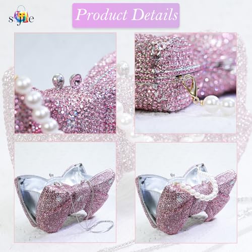 Image of Handmade Inlay Rhinestone Bow Clutch Bag for Women, Sparkling Evening Party Wedding Purse with Detachable Pearl Chain