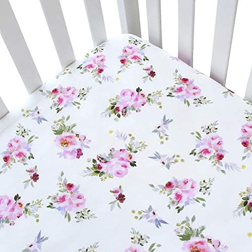 Floral Crib Sheet Girls, Baby Girl Crib Sheets Fits Standard Size Crib, Breathable Microfiber Crib Fitted Sheet, Lilac Floral Patterns Crib Mattress Cover, Baby Girl Crib Fitted Sheet