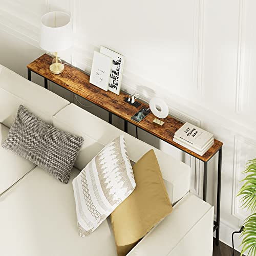 Image of Masupu 63 Inch Console Table with Power Outlet,Modern Narrow Long Sofa Table Behind Couch,Skinny Entry Table with Gold Metal Frame for Entryway,Living Room, Hallway,Rustic Brown