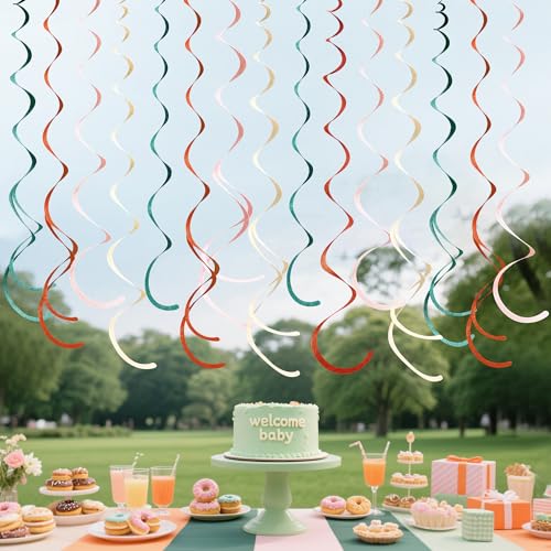 Image of 36 Pcs Boho Hanging Swirl Decorations Aqua Green Orange Pink Beige Felt Swirl Streamer Spiral Ceiling Garland for Birthday Engagement Wedding Bridal Shower Party Decor Supplies