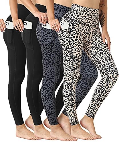 YOUNGCHARM 4 Pack Leggings with Pockets for Women,High Waist Tummy Control Workout Yoga Pants 2BlackGLeopardYLeopard-L