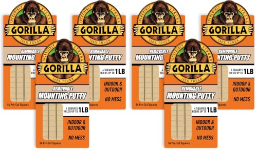 Image of Gorilla Removable Mounting Putty Reusable & Repositionable Adhesive 84 Count Pre-Cut Squares (Pack of 6) Holds 2 lbs Back to School Supplies for Teachers Students Parents, Indoor Outdoor