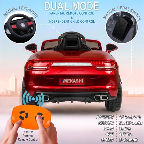 Image of MEKASHI Electric Ride-On Car for Kids 1-7 Years, 12V Battery, Remote Control, 5 Speed, LED Lights, Bluetooth, Metallic Red