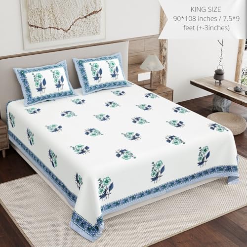 Image of Living Roots Ethnic Jaipur Block Print Double Cotton Bedsheet & 2 Pillow Covers, for Mattress Upto 6 inches Thick, No Colour Bleeding, Blue & Green Colour, King Size 90 * 108 inches, 120TC (613-A)
