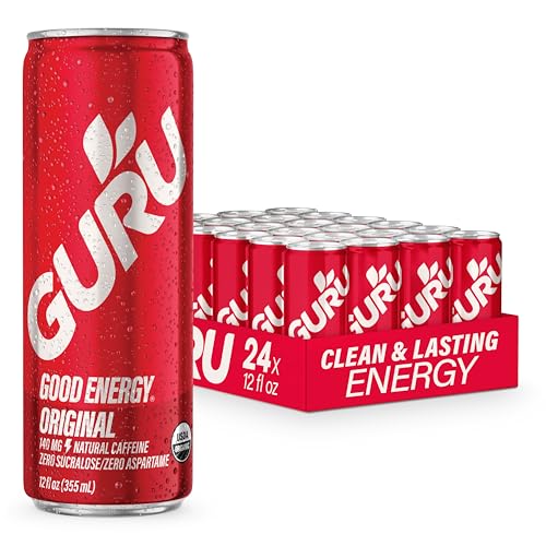 Image of GURU Energy Drink Original, Organic Sparkling Energy DrinK, 140 MG Natural Caffeine for Workouts, Performance & Midday Boost, Plant Based, Gluten Free, Vegan, 12 Fl Oz, 24 Pack