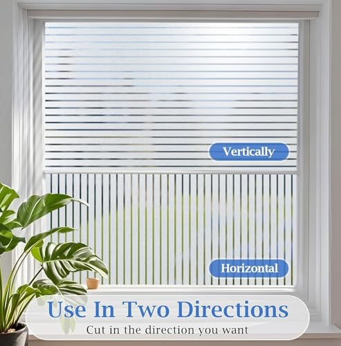 Image of WALLMATE Stripe Frosted Window Film Decorative UV Protection Non Adhesive Privacy Glass Sticker for Home Office Meeting Room (Strip Frosted, 24x120 in)