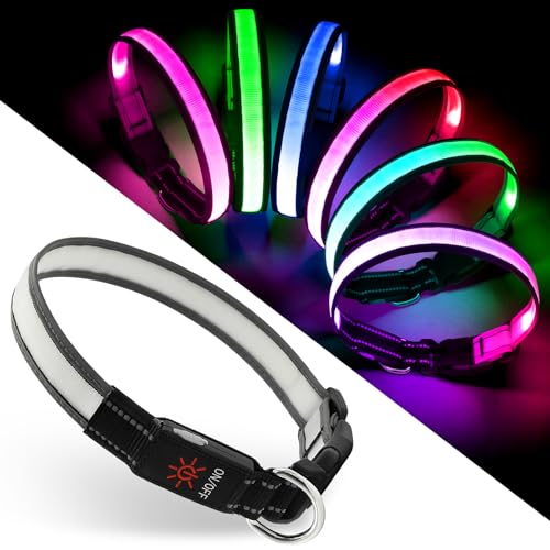 Leuchthalsband Hund, Mehrfarbiges LED-Hundehalsband mit 7 Beleuchtungsmodi – USB-C Wiederaufladbare, Echtzeit-Batterieanzeige...