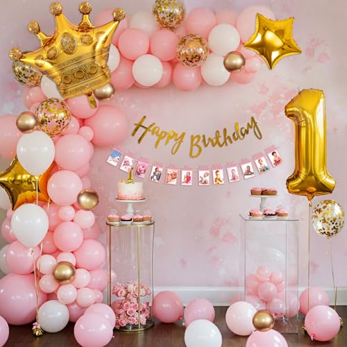 Image of SpecialYou.in 1st Birthday Decoration for Baby Girl with Gold, Pink & White Balloons for Decoration, Crown, Star Foil Balloon, First Birthday Decoration for Baby Girl- 61 Pcs
