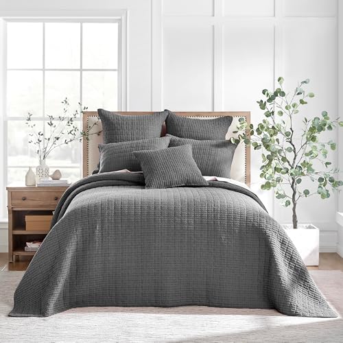 Image of Levtex Home Mills Waffle King Bedspread Set (120x104in) with 2 Pillow Shams (36x20in) - Charcoal - Cotton King Size Bedspread Set - Soft, Pre-Washed