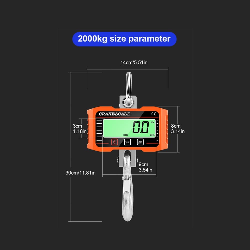 Balanza de Equipaje portátil, Báscula Colgante Digital LCD de 2000 kg con Gancho de Bloqueo kg/LB/N, Color Naranja