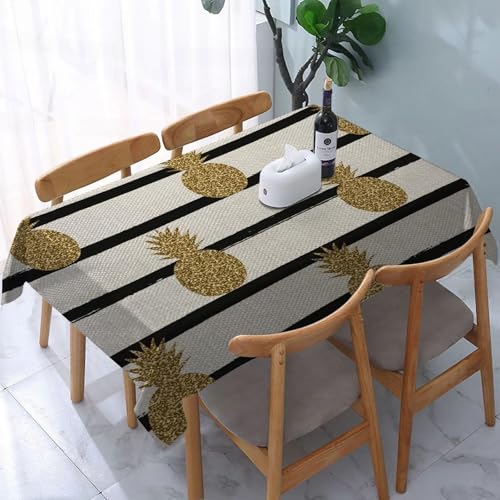 Rectángular Mantel Antimanchas Tamaño 137x183cmFondo de Rayas Blancas y Negras de piñas Doradas Moderno con cremalle Durabilidad y Fácil Limpieza para tu Mesa - Mantel Hule Antimanchas e Impermeable