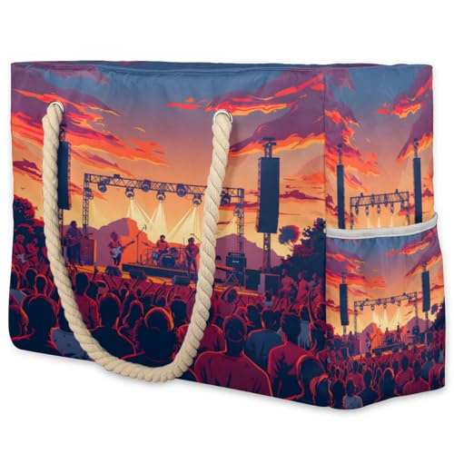 Sunset Music Festival Pattern Large Beach Bag Waterproof Beach Bag for Women Oversized Sandproof Beach Tote Bag with Zipper for Gym Travel Daily Pool Bag Big Tote