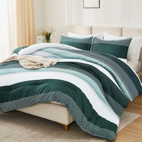 Litanika Dark Emerald Green Bed Comforter Twin/Twin XL Set, 2 Pieces Twin Extra Long Size Boys Men Forest Bedding Set, Single Colorblock Striped Bed Set