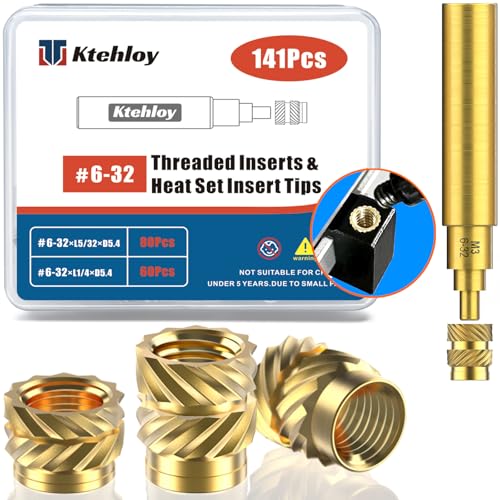 Image of 141Pcs #6-32 Threaded Inserts, Female Thread SAE Knurled Nuts Assortment Kit, Brass Heat Set Insert for Plastic and 3D Printing Components(#6-32, L5 /32xD5.4 and L1 /4xD5.4)