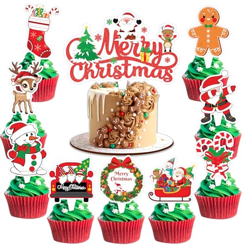 Merry Christmas Cake Topper Picks, 25PCS Xmas Snowflake Snowman Cupcake Toppers Cake Decorations Santa Claus Theme Birthday Party Supplies Favors Decor Centerpiece Table for Boys Girls Carnival Prizes
