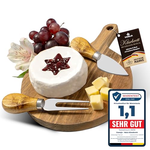 VANEJA Premium Käsebrett, Schneidebrett aus Holz, ⌀17,5 x 1,5 cm, Käsebrett mit Messer Käseschaber Käseplatte aus Holz Holzplatte Käse Cheese...