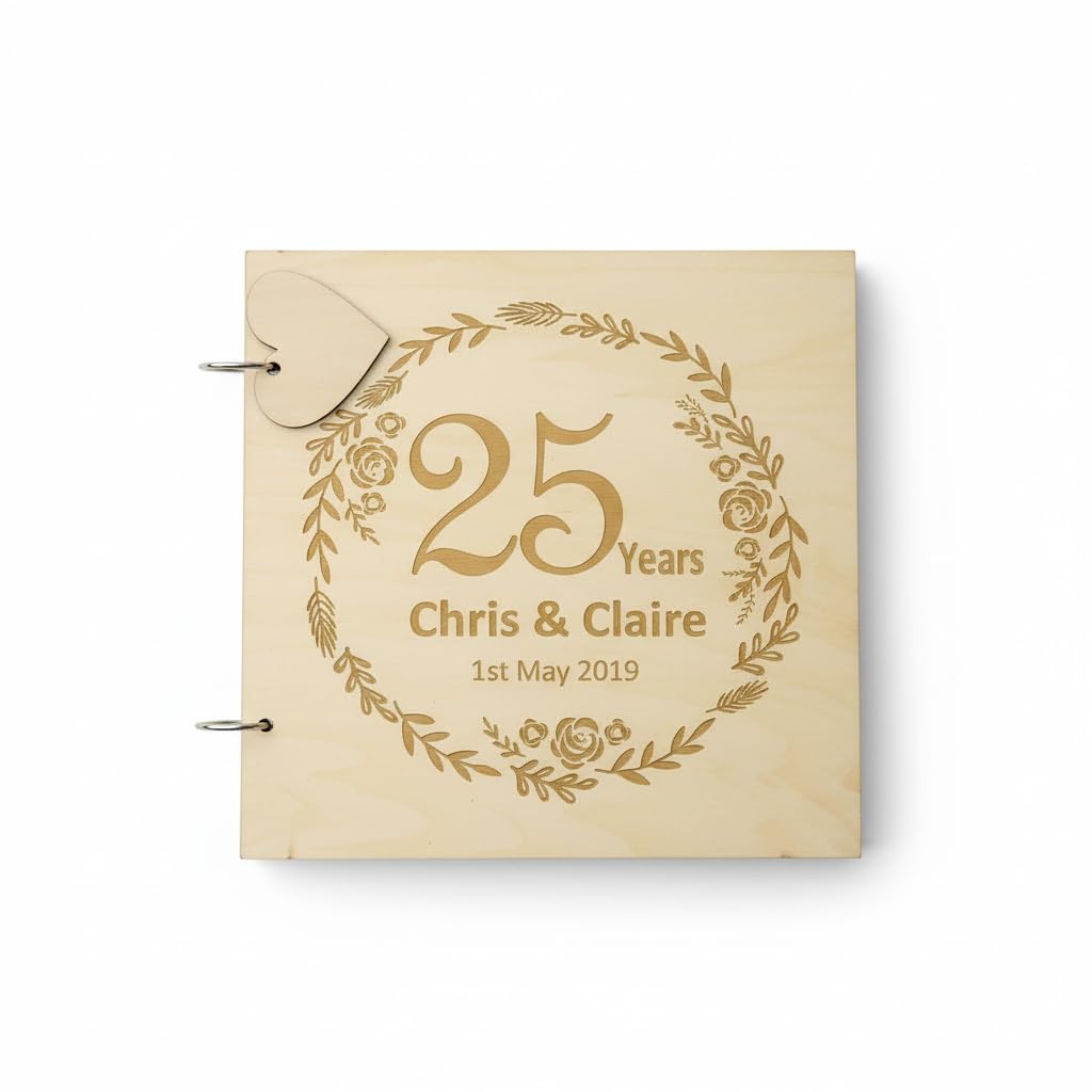 Ukgiftstoreonline Beige Personalised Large Wooden 25Th Anniversary Scrapbook Photo Album Keepsake