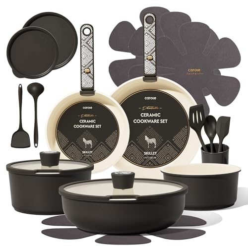 Image of CAROTE 21-Piece Ceramic Cookware Set, Nonstick Pots and Pans Set with Detachable Handle, Non-Toxic Kitchen Cooking Set, Induction Compatible, Dishwasher & Oven Safe, Charcoal